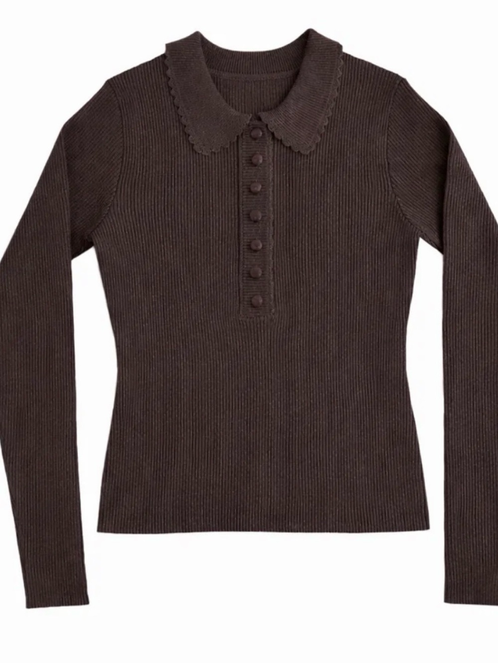 NWT Scalloped Collar Ribbed Long-Sleeve Top in Dark Brown